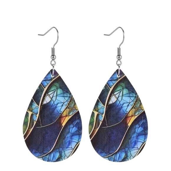 Blue, Green and Yellow Mosaic Leather Drop Earrings - Picture 2 of 6